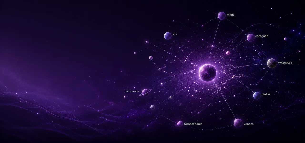 Universo conectado com as frentes de marketing de uma empresa: site, mídia, conteúdo, WhatsApp, dados e vendas